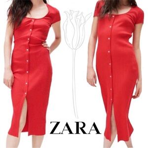 🔥SALE🔥 ZARA Ribbed Bodycon Red Button Up Midi Dress Small